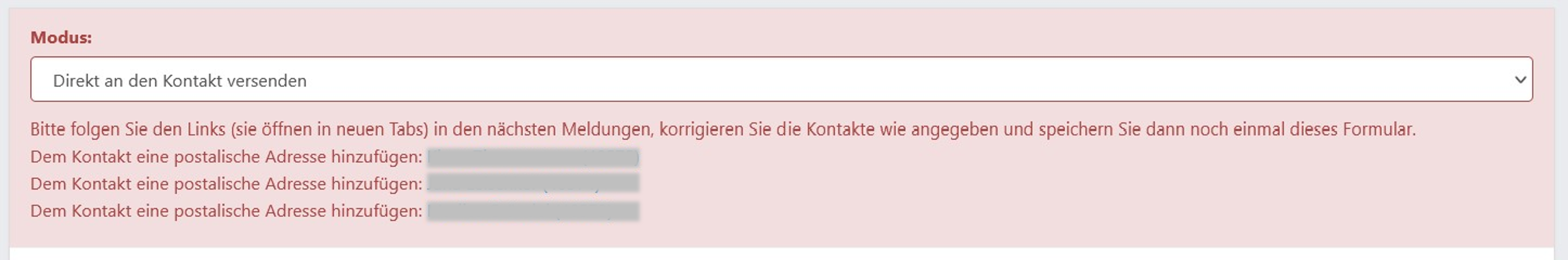 Screenshot von der Fehlermeldung wenn postalische Adressen fehlen