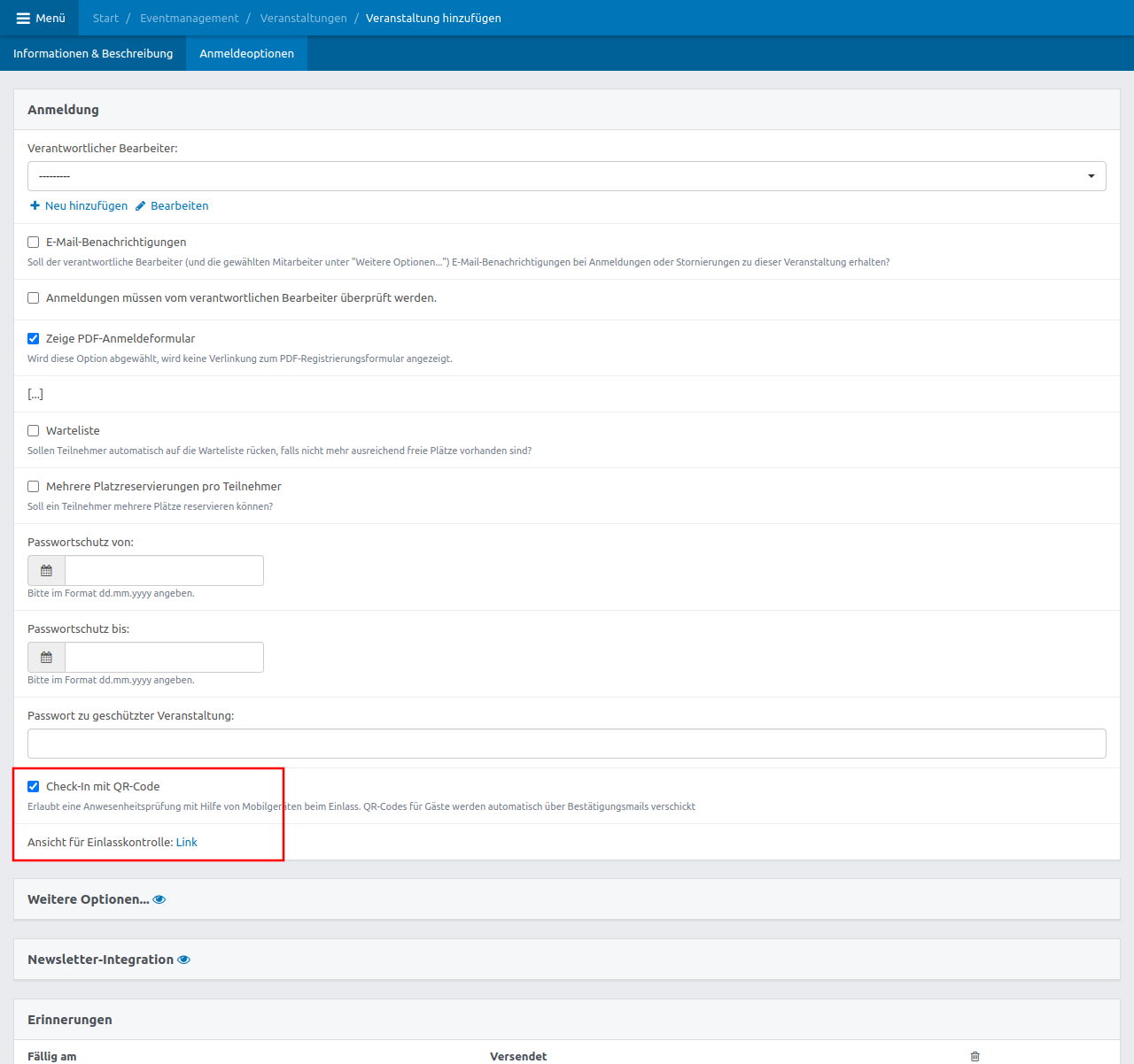 Screenshot von der Veranstaltungsverwaltung für das Aktivieren des QR-Codes