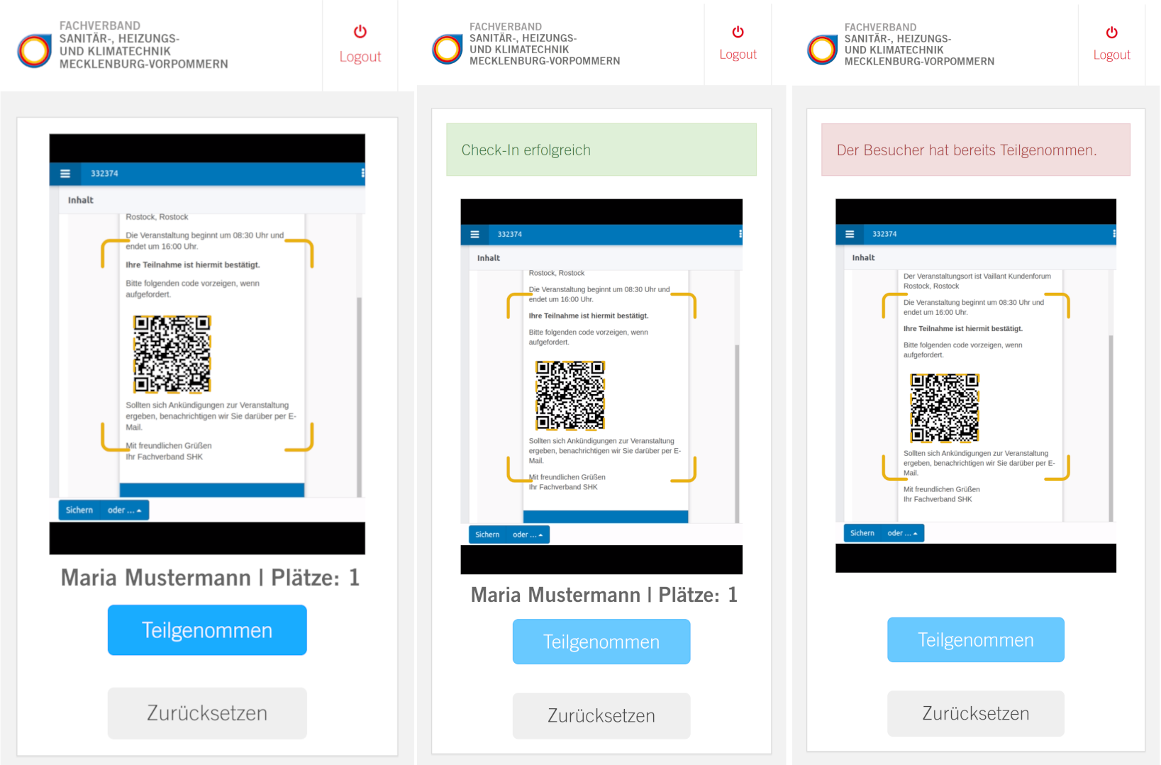 Screenshots von den verschiedenen Szenarien beim Einchecken