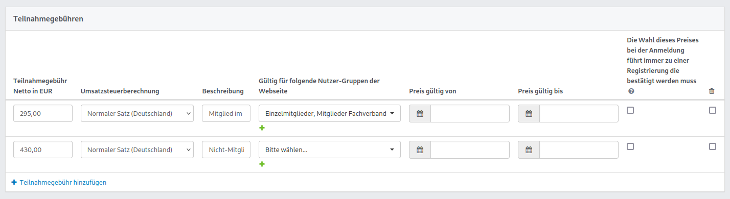 Ansicht des Bearbeitungsformulars für Teilnahmegebühren eines Events in Noahworks