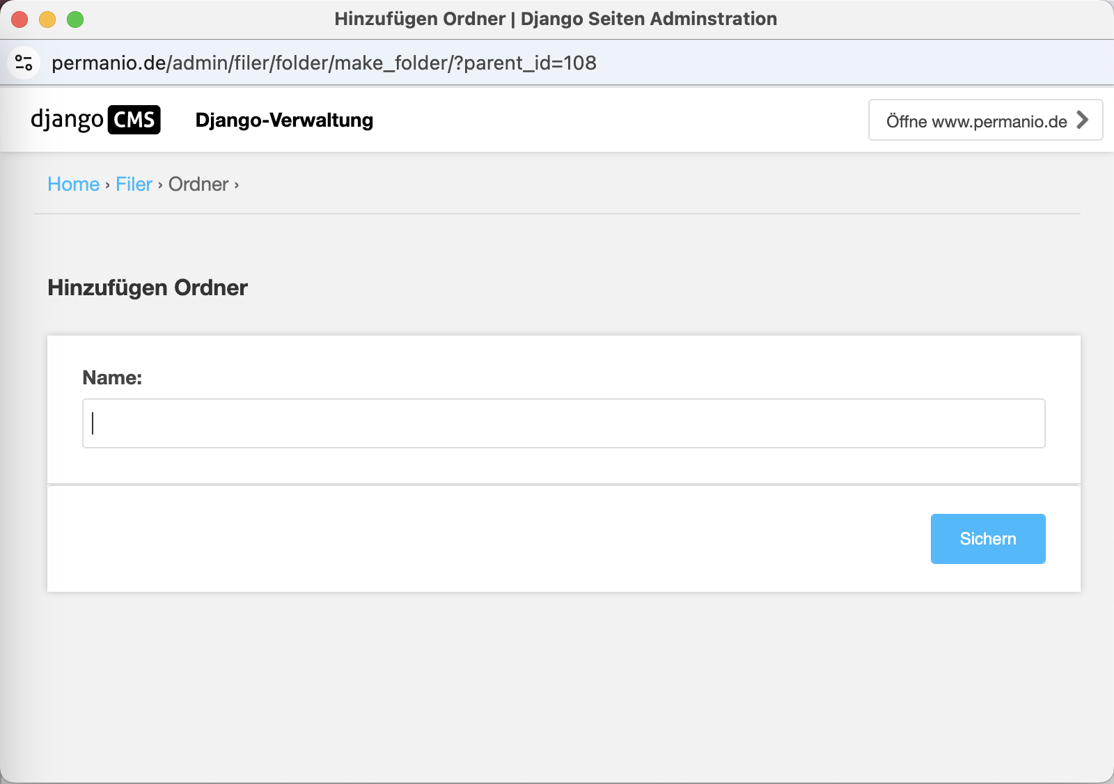 Eingabemaske in Django CMS zum Erstellen eines neuen Ordners mit Namensfeld und Speichern-Button.