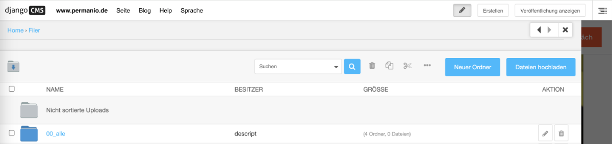 Datei- und Ordnerverwaltung in Django CMS mit Optionen zum Erstellen neuer Ordner und Hochladen von Dateien.